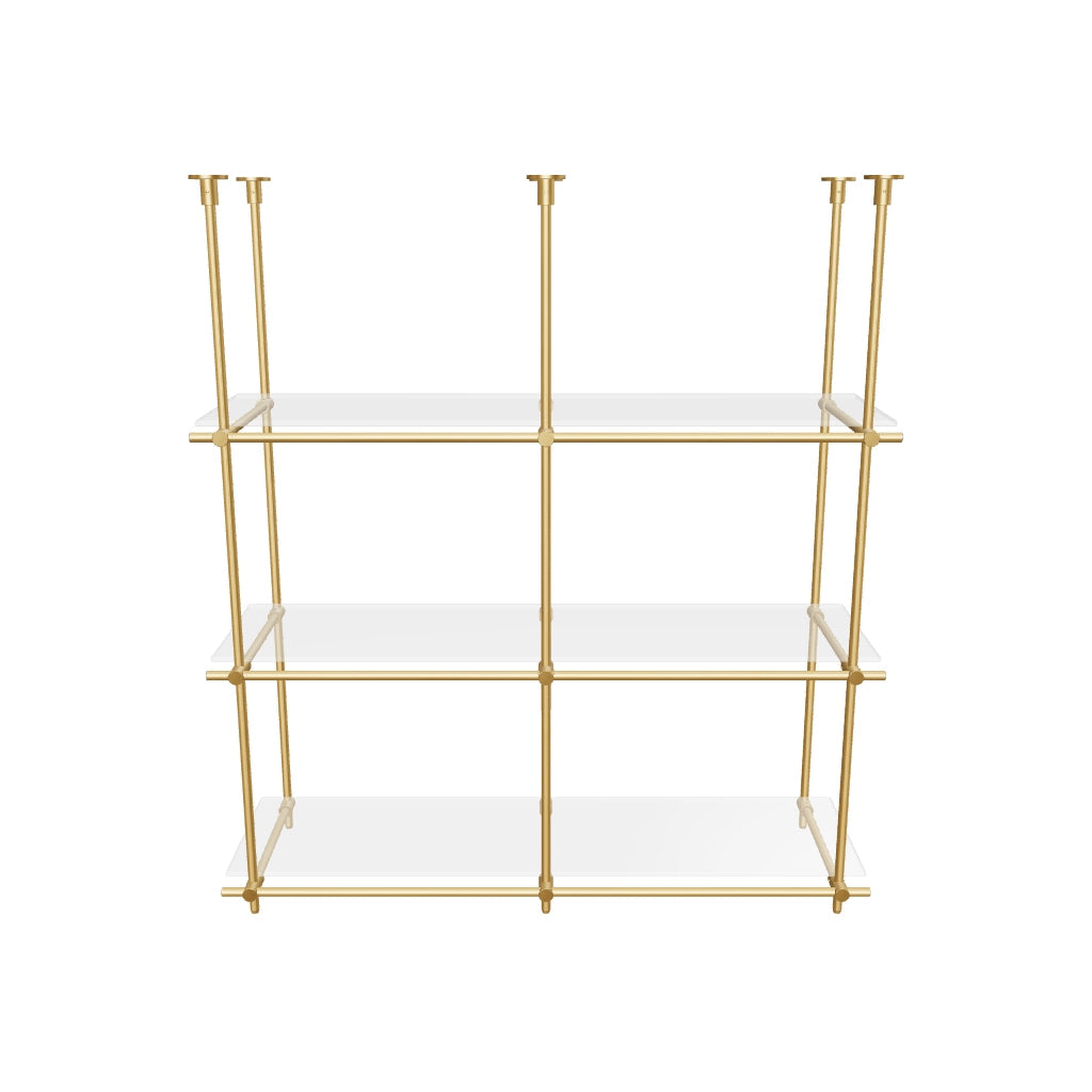 Custom ceiling-mounted solid brass shelving frame, 3 shelves, 2 sections, 3D AR model, unlacquered satin brass finish, glass not included, BrassShelf