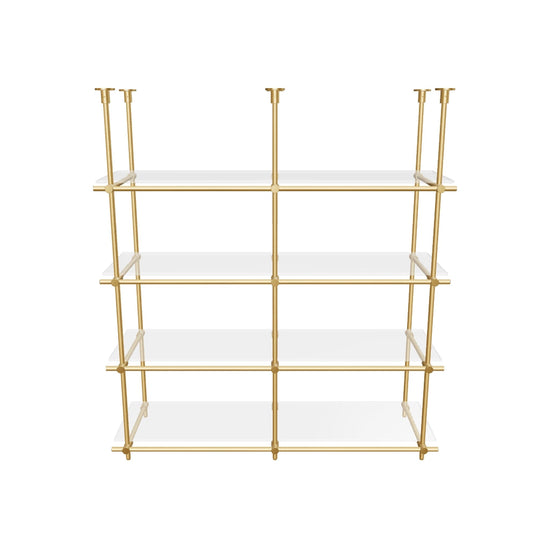 Custom ceiling-mounted solid brass shelving frame, 4 shelves, 2 sections, 3D AR model, unlacquered satin brass finish, glass not included, BrassShelf