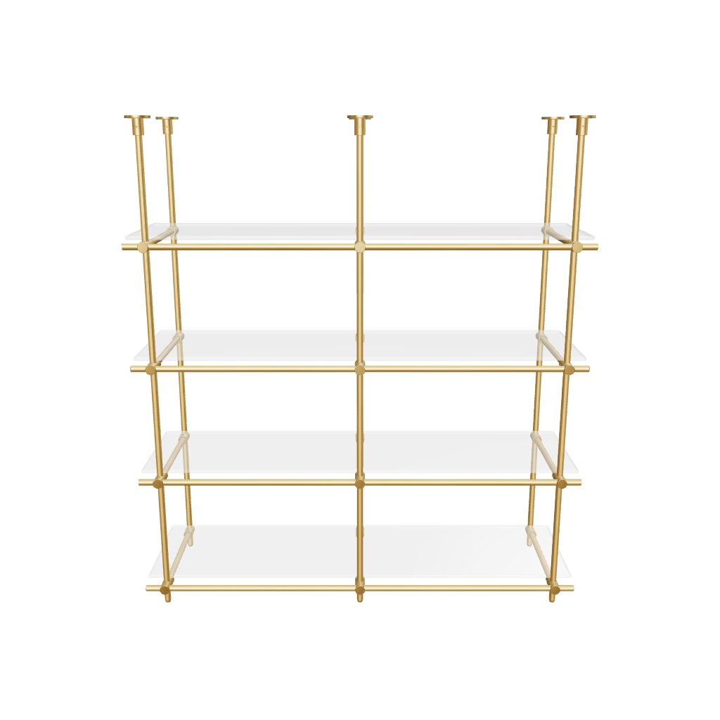 Custom ceiling-mounted solid brass shelving frame, 4 shelves, 2 sections, 3D AR model, unlacquered satin brass finish, glass not included, BrassShelf