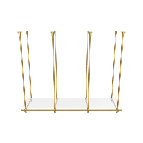 Custom ceiling-mounted solid brass shelving frame, 1 shelf, 3 sections, 3D AR model, unlacquered satin brass finish, glass not included, BrassShelf