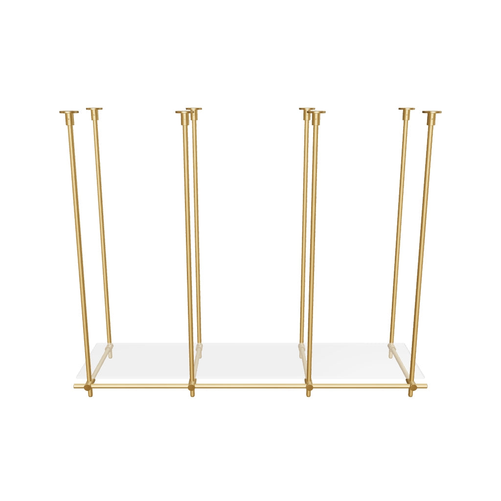 Custom ceiling-mounted solid brass shelving frame, 1 shelf, 3 sections, 3D AR model, unlacquered satin brass finish, glass not included, BrassShelf