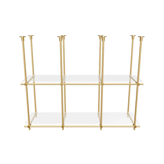 Custom ceiling-mounted solid brass shelving frame, 2 shelves, 3 sections, 3D AR model, unlacquered satin brass finish, glass not included, BrassShelf