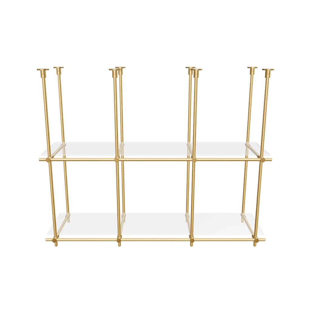 Custom ceiling-mounted solid brass shelving frame, 2 shelves, 3 sections, 3D AR model, unlacquered satin brass finish, glass not included, BrassShelf