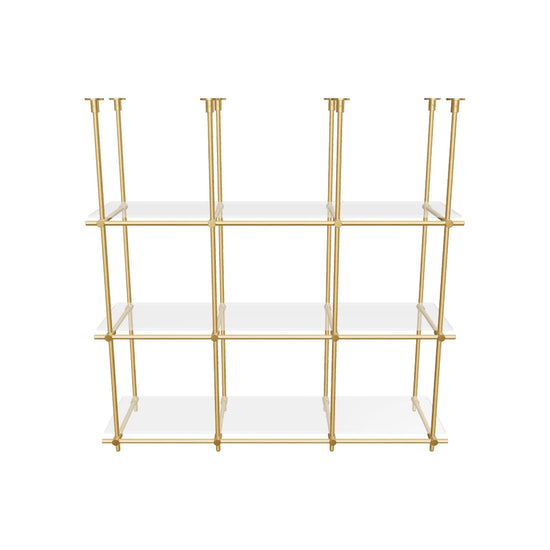 Custom ceiling-mounted solid brass shelving frame, 3 shelves, 3 sections, 3D AR model, unlacquered satin brass finish, glass not included, BrassShelf
