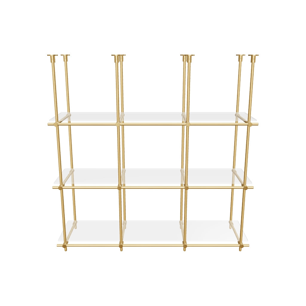 Custom ceiling-mounted solid brass shelving frame, 3 shelves, 3 sections, 3D AR model, unlacquered satin brass finish, glass not included, BrassShelf