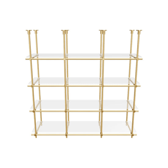Custom ceiling-mounted solid brass shelving frame, 4 shelves, 3 sections, 3D AR model, unlacquered satin brass finish, glass not included, BrassShelf