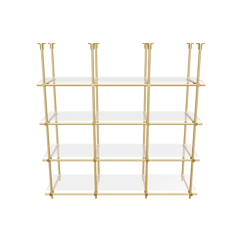 Custom ceiling-mounted solid brass shelving frame, 4 shelves, 3 sections, 3D AR model, unlacquered satin brass finish, glass not included, BrassShelf
