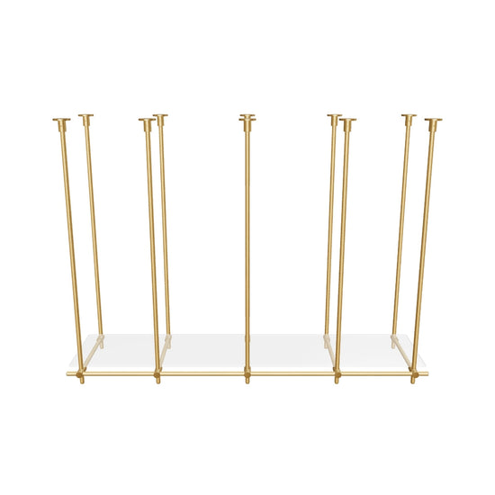 Custom ceiling-mounted solid brass shelving frame, 1 shelf, 4 sections, 3D AR model, unlacquered satin brass finish, glass not included, BrassShelf
