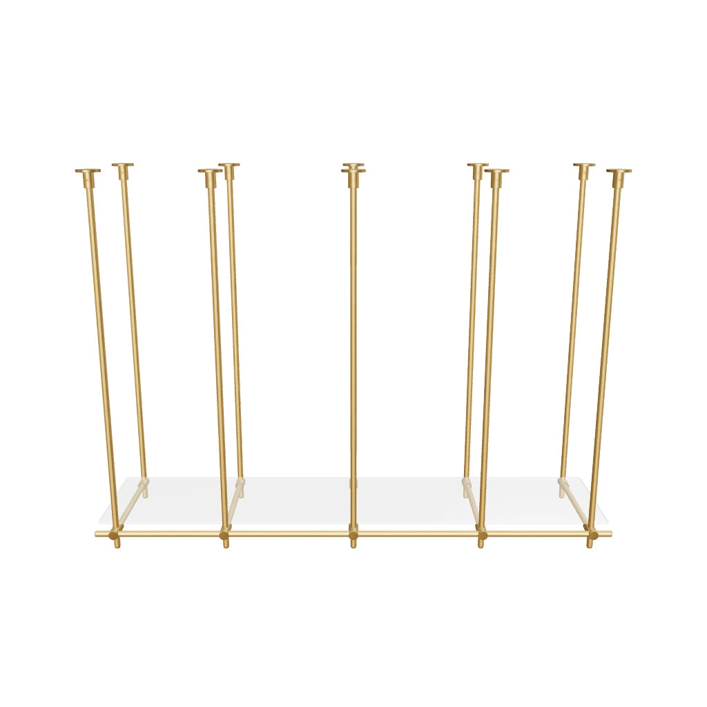 Custom ceiling-mounted solid brass shelving frame, 1 shelf, 4 sections, 3D AR model, unlacquered satin brass finish, glass not included, BrassShelf