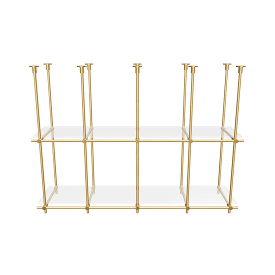 Custom ceiling-mounted solid brass shelving frame, 2 shelves, 4 sections, 3D AR model, unlacquered satin brass finish, glass not included, BrassShelf