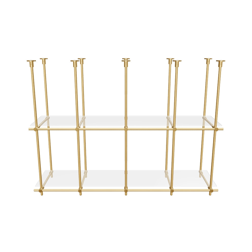 Custom ceiling-mounted solid brass shelving frame, 2 shelves, 4 sections, 3D AR model, unlacquered satin brass finish, glass not included, BrassShelf