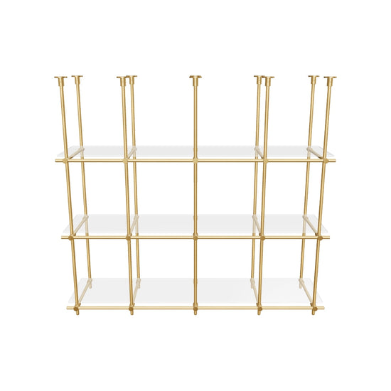 Custom ceiling-mounted solid brass shelving frame, 3 shelves, 4 sections, 3D AR model, unlacquered satin brass finish, glass not included, BrassShelf