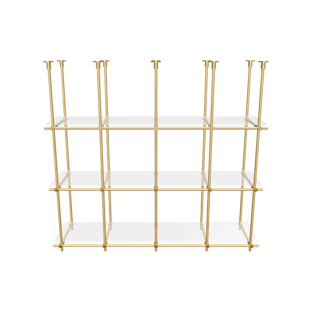 Custom ceiling-mounted solid brass shelving frame, 3 shelves, 4 sections, 3D AR model, unlacquered satin brass finish, glass not included, BrassShelf