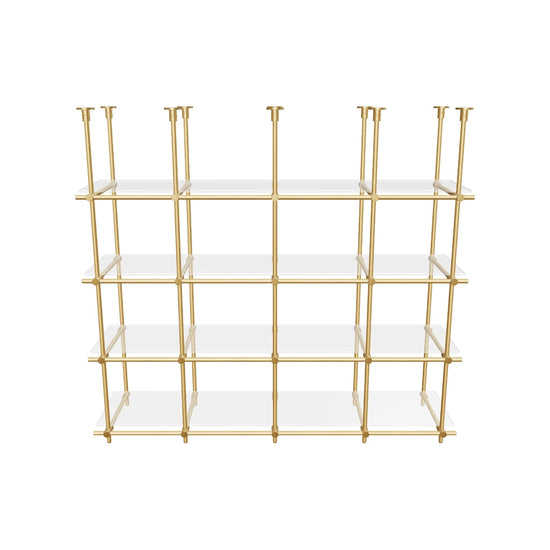 Custom ceiling-mounted solid brass shelving frame, 4 shelves, 4 sections, 3D AR model, unlacquered satin brass finish, glass not included, BrassShelf