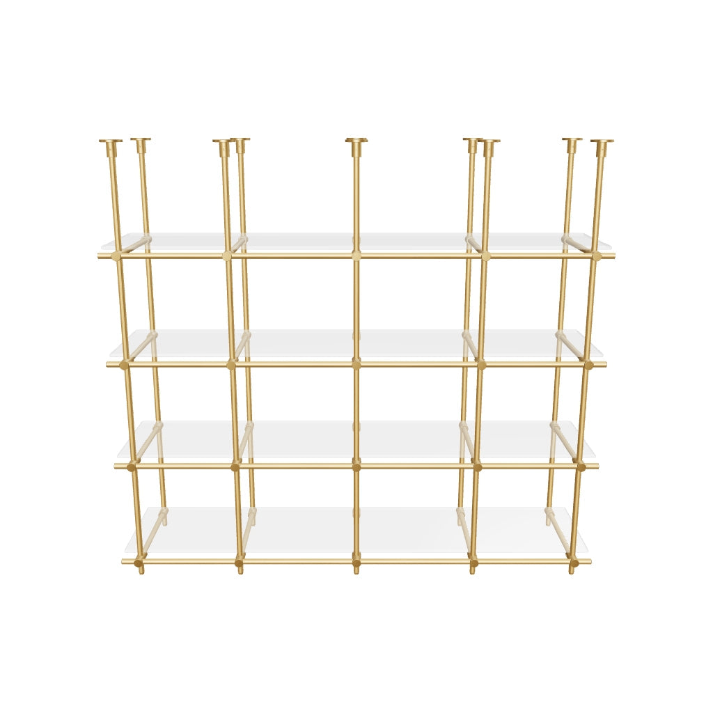 Custom ceiling-mounted solid brass shelving frame, 4 shelves, 4 sections, 3D AR model, unlacquered satin brass finish, glass not included, BrassShelf