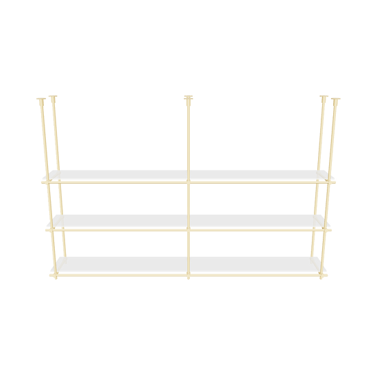 3D model of a customizable brass ceiling-mounted shelving unit with three tiers and two bays, available in brushed and polished finishes. Supports augmented reality (AR) viewing for virtual placement in your space.