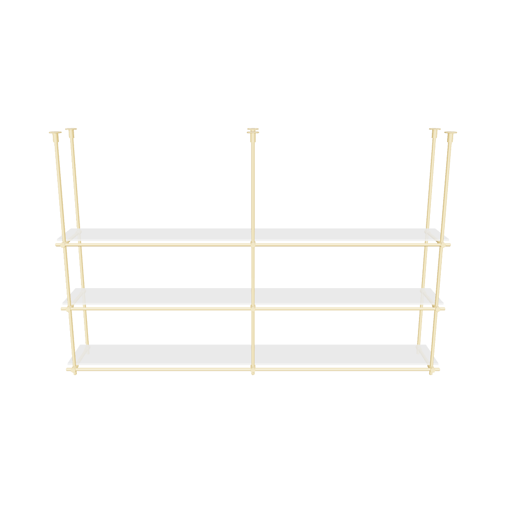 3D model of a customizable brass ceiling-mounted shelving unit with three tiers and two bays, available in brushed and polished finishes. Supports augmented reality (AR) viewing for virtual placement in your space.