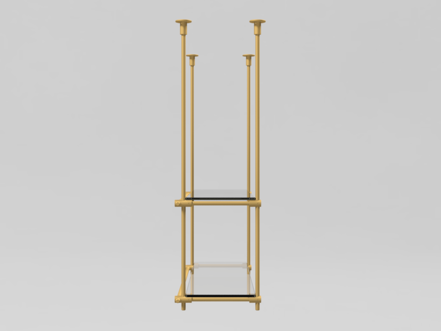 ide view of a ceiling-mounted brass shelving unit with 2 shelves, showing sturdy brass bars and customizable height, width, and depth for optimal storage.