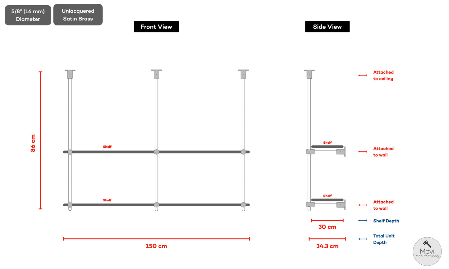 Custom brass shelving unit & 6 cover plates - 5/8"Dia - Unlacquered Brushed Brass  (skaistute)